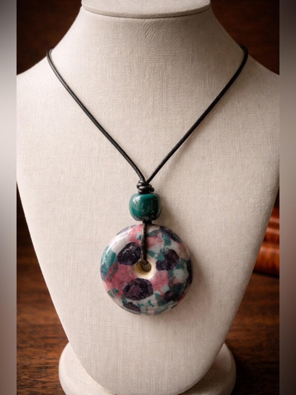 Handcrafted Ceramic Donut Pendant Necklace • Pink Teal Artisan Boho Statement